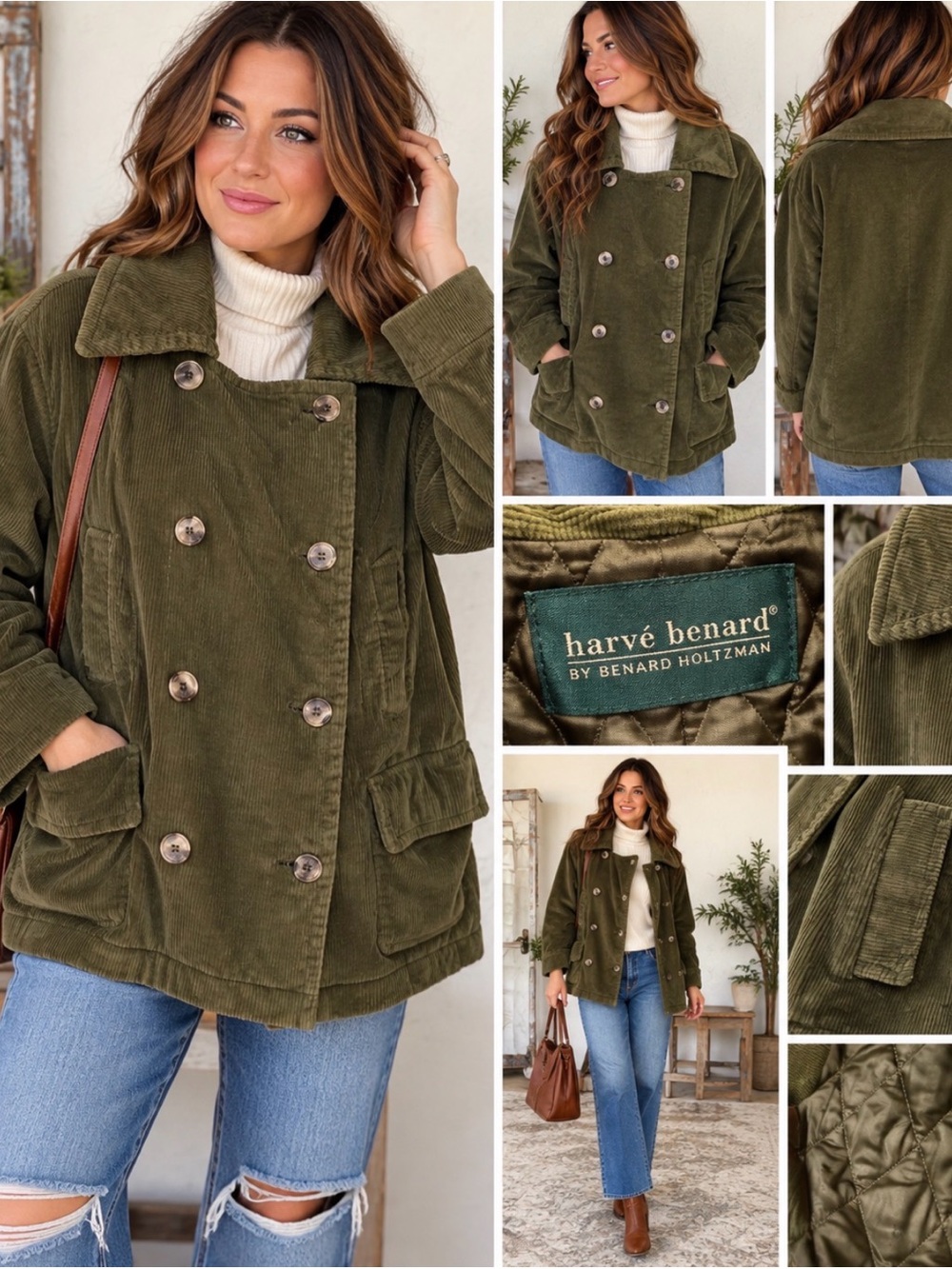 Harvé Benard Olive Green Corduroy Quilted Double-Breasted Jacket